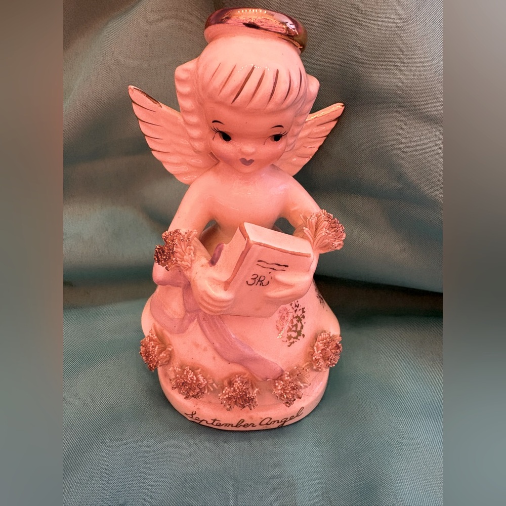 Vintage September angel figurine book 3 r's spaghetti girl 4.5" white gold 1294